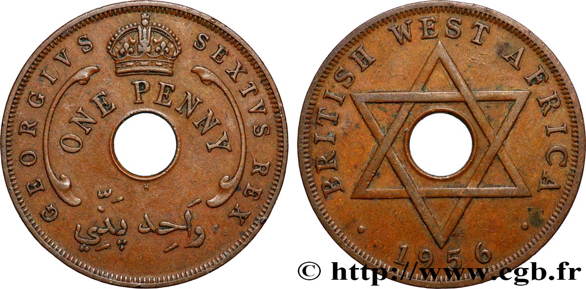AFRIQUE OCCIDENTALE BRITANNIQUE 1 Penny Elizabeth II frappe au nom de Georges VI 1956 Heaton TTB+