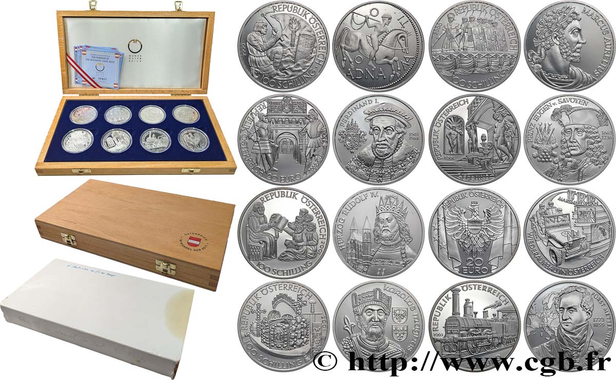 AUTRICHE BELLE EPREUVE Coffret 4 x 20 Euro et 4 x 100 Schilling L’AUTRICHE AU FIL DU TEMPS 2000-2003 Vienne BE