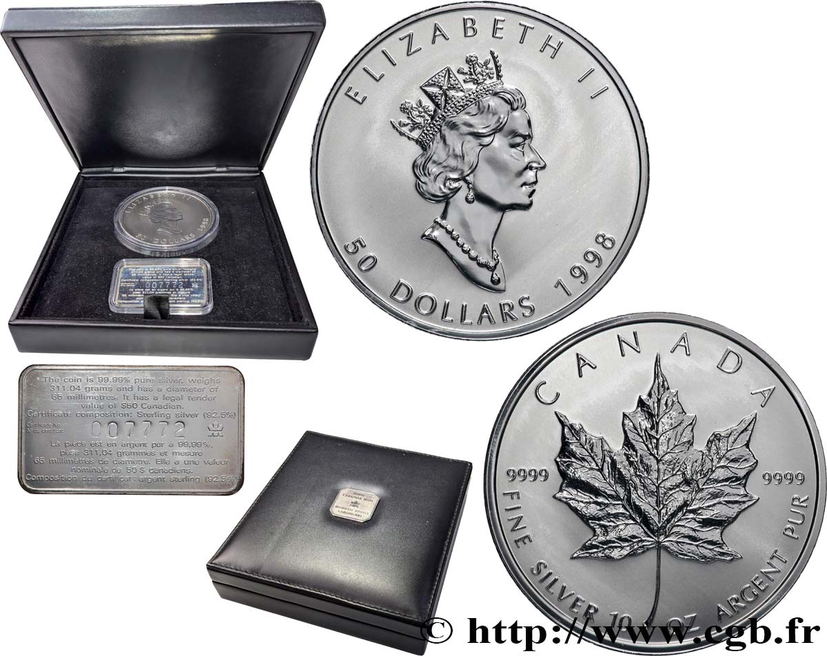 CANADA - ÉLISABETH II 50 dollars argent  maple leaf  1998  FDC