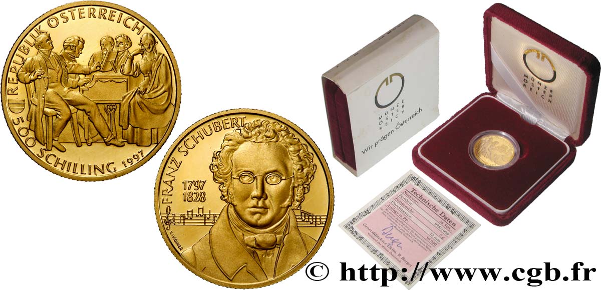 AUTRICHE 500 Schilling Proof Franz Schubert 1997 Vienne FDC
