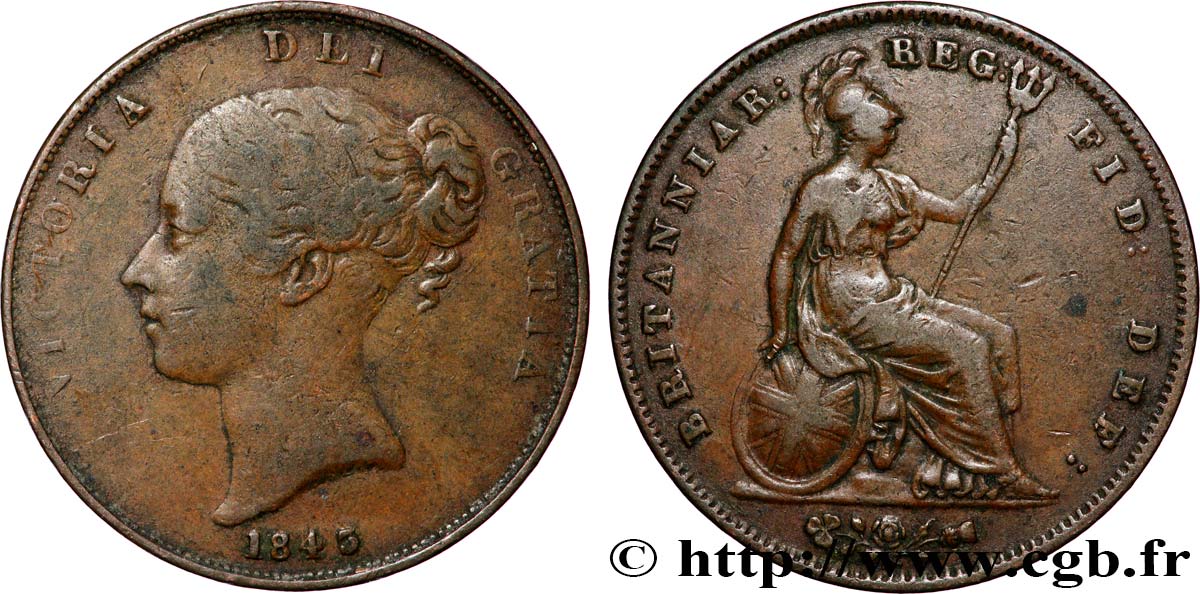ROYAUME-UNI 1 Penny Victoria “tête jeune” 1843 Londres TB+