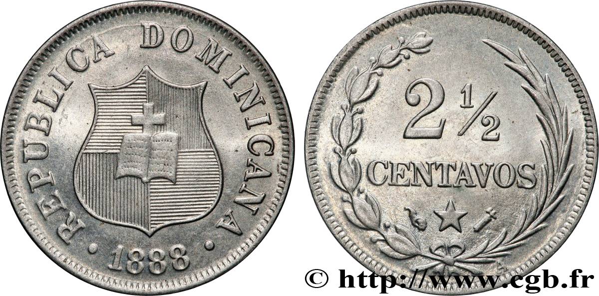 DOMINICAN REPUBLIC 2 1/2 Centavos 1888 Paris AU