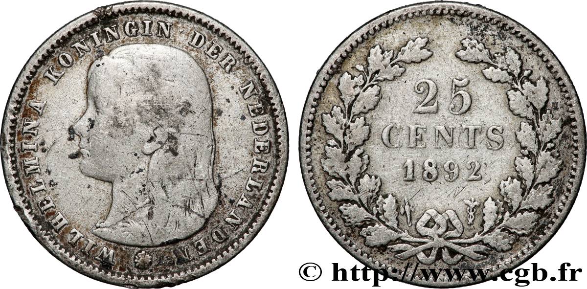 PAYS-BAS 25 Cents Wilhelmina 1893 Utrecht TB