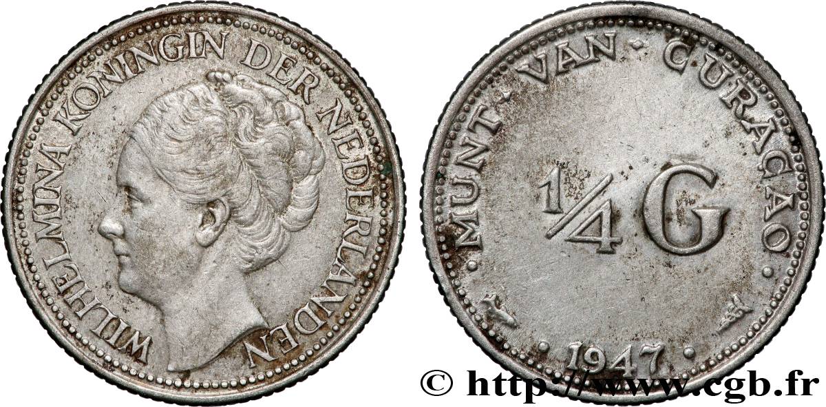 CURACAO 1/4 Gulden reine Wilhelmina 1947 Utrecht TTB