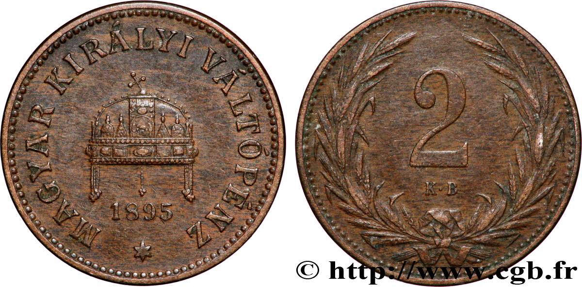 HUNGARY 2 Filler couronne 1895 Kremnitz XF