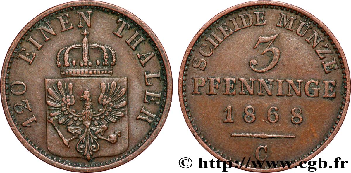 ALLEMAGNE - PRUSSE 3 Pfenninge Royaume de Prusse 1868 Francfort - C TTB+