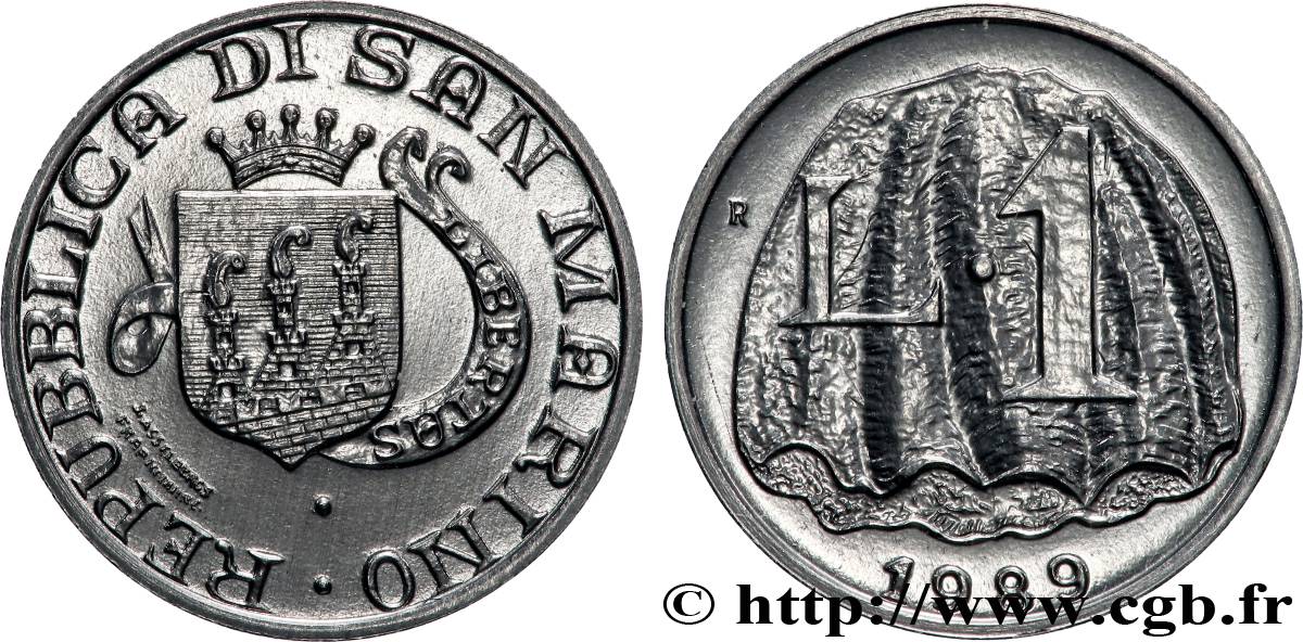 SAINT-MARIN 1 Lire Coquillage du Mont Titano 1989 Rome SPL