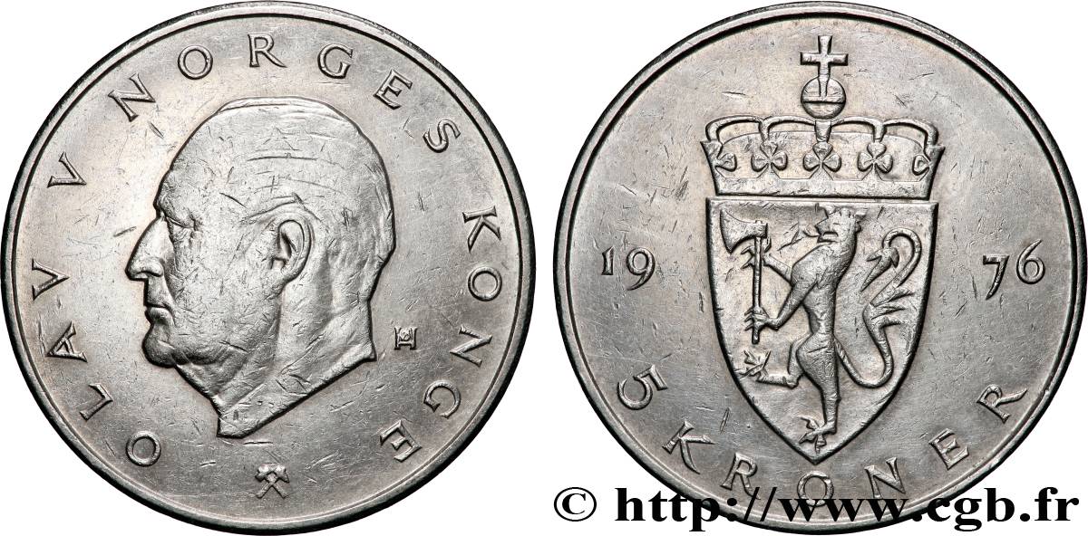 NORVÈGE 5 Kroner 100e anniversaire de la couronne norvégienne 1976 Konsberg TTB+