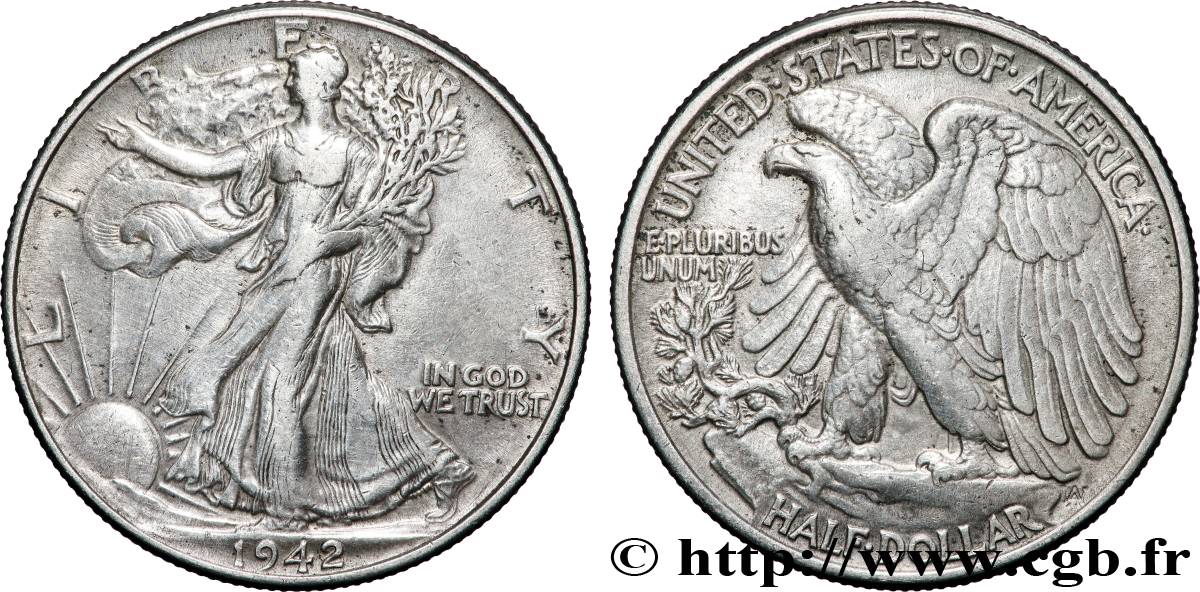 ÉTATS-UNIS D AMÉRIQUE 1/2 Dollar Walking Liberty 1942 Philadelphie TB+