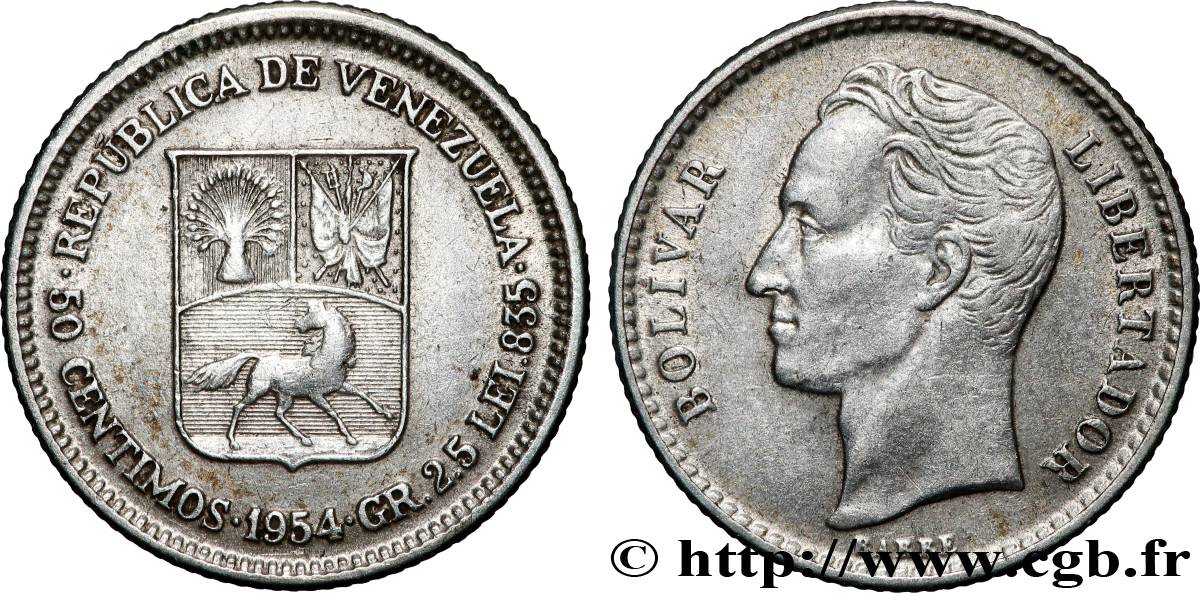 VENEZUELA 50 Centimos emblème / Simon Bolivar 1954 Philadelphie TTB