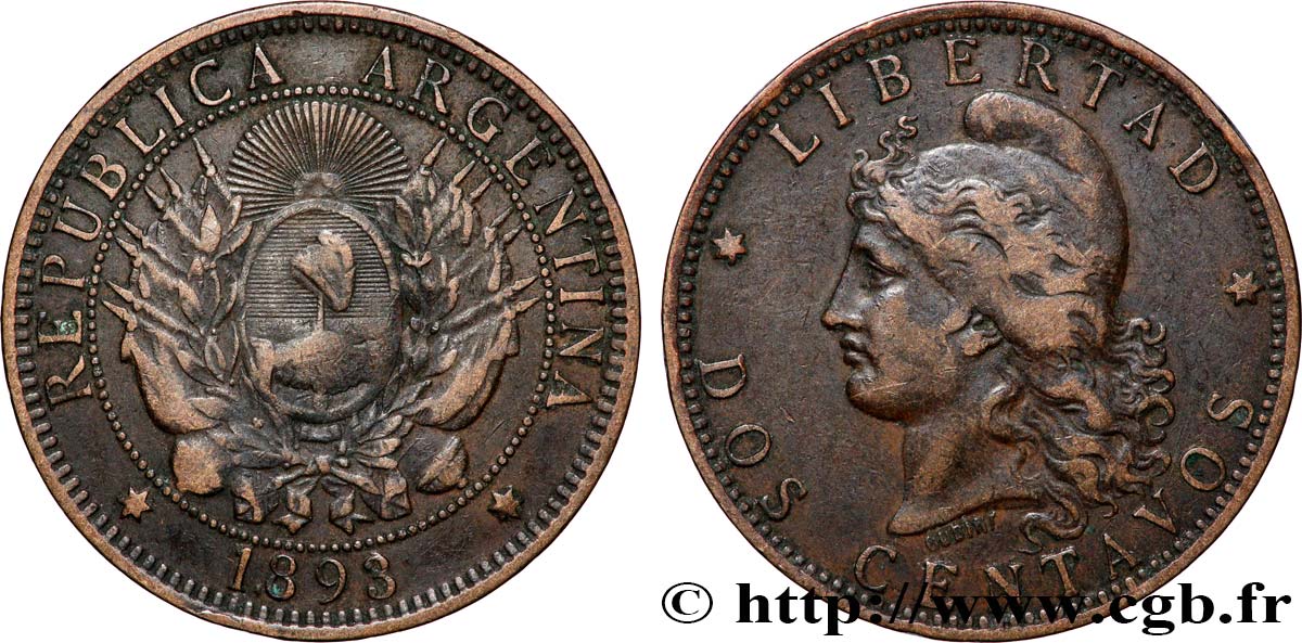 ARGENTINA 2 Centavos 1893  XF