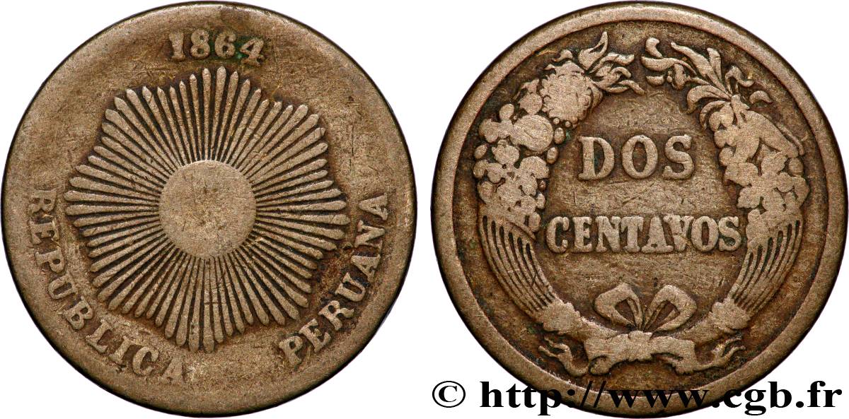 PÉROU 2 Centavos Soleil 1864  TB+