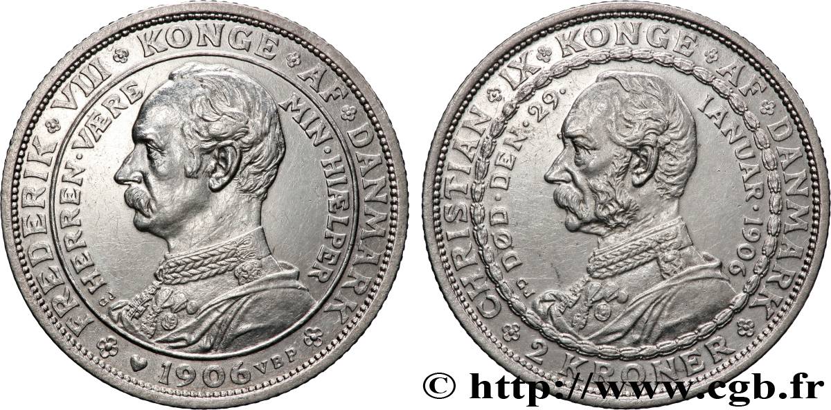 DÄNEMARK 2 Kroner mort de Christian IX et accession de Frédéric VIII 1906 Copenhague VZ