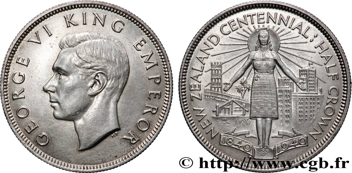 NOUVELLE-ZÉLANDE 1/2 Crown Georges VI Centenaire de la Nouvelle-Zélande 1940  SUP