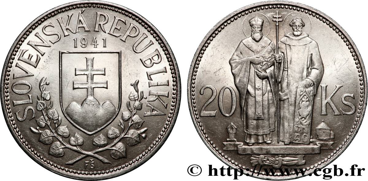 SLOVAQUIE 20 Korun St Cyril et St Méthode variété avec croix à simple barre 1941 SUP