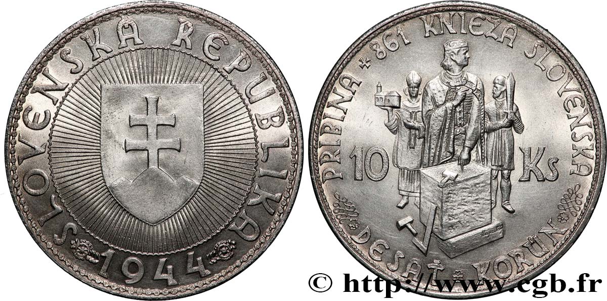 SLOVAQUIE 10 Korun Prince Pribina variété avec croix sur l’église 1944 SPL