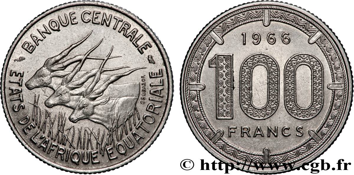 ÉTATS DE L AFRIQUE ÉQUATORIALE 100 Francs antilopes 1966 Paris SUP