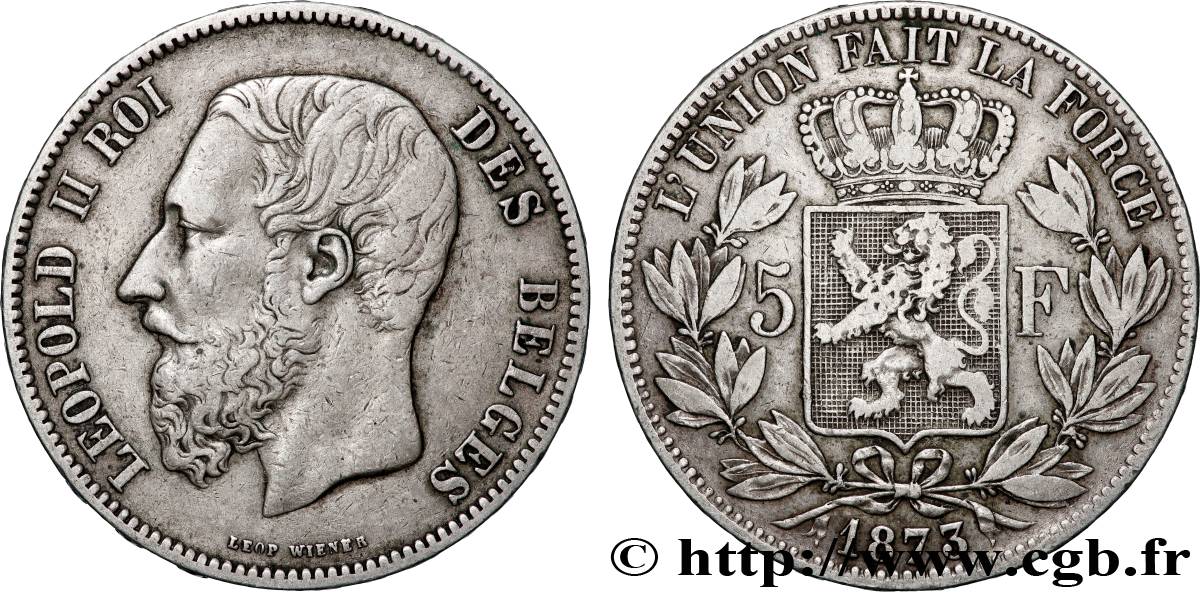 BELGIQUE - ROYAUME DE BELGIQUE - LÉOPOLD II 5 Francs 1873 XF