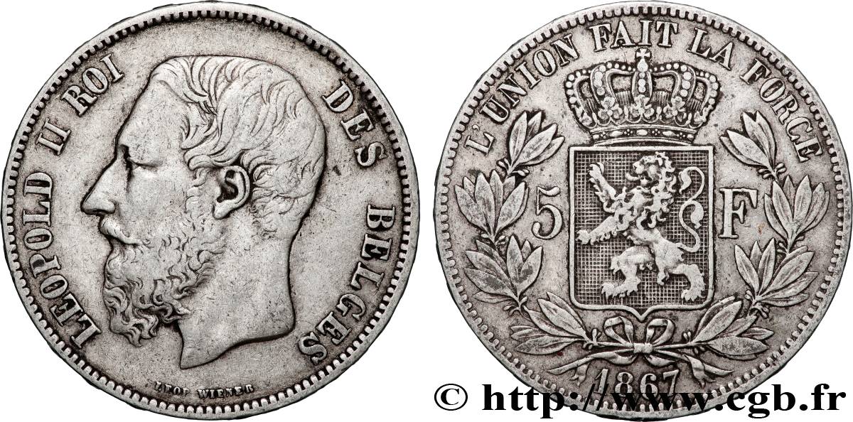 BELGIQUE - ROYAUME DE BELGIQUE - LÉOPOLD II 5 Francs 1867 TTB