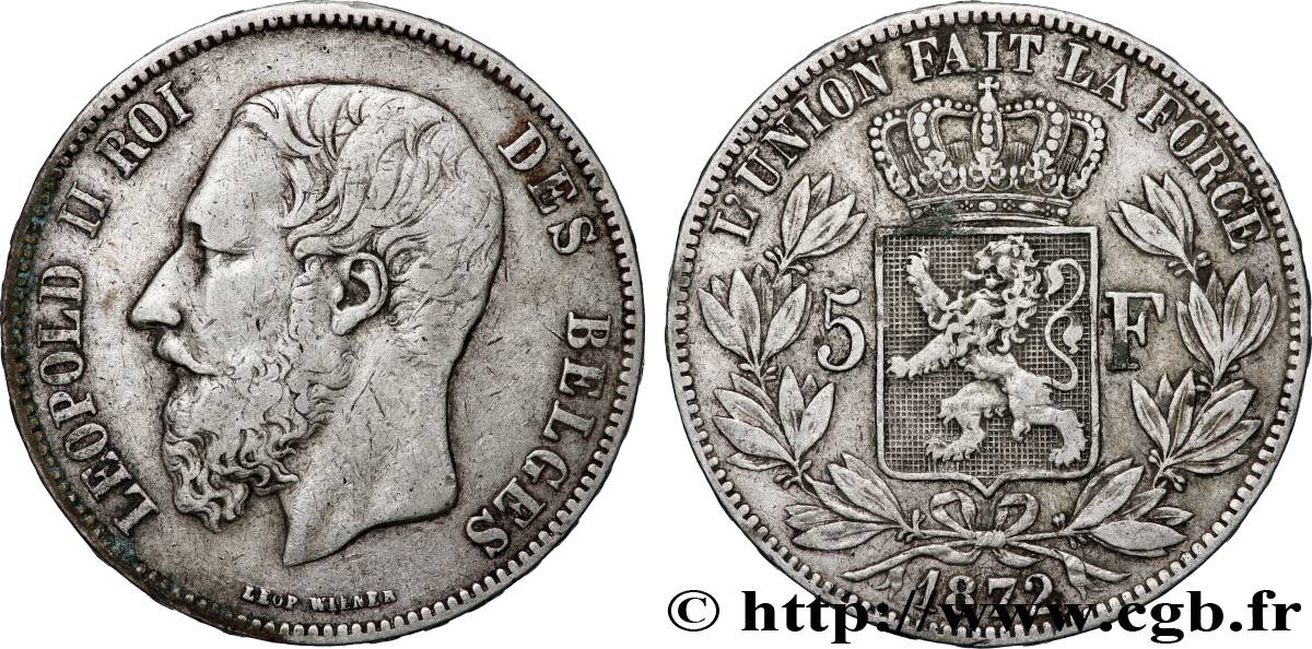 BELGIQUE - ROYAUME DE BELGIQUE - LÉOPOLD II 5 Francs 1872 TTB