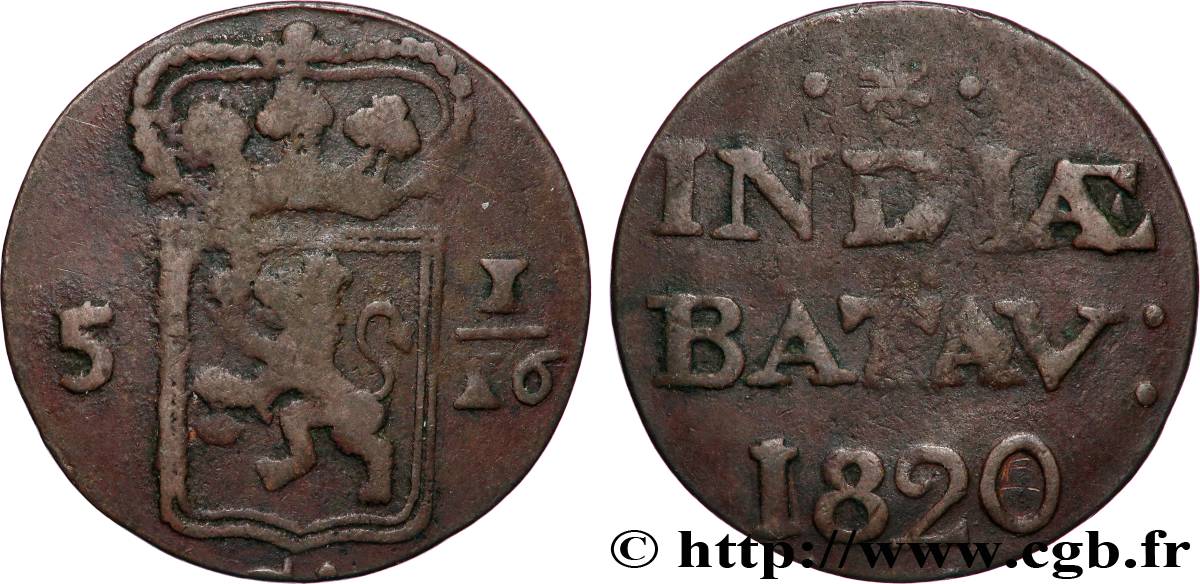 NETHERLANDS INDIES 5 1/16 Gulden (1 Duit) 1820 Enkhuizen VF