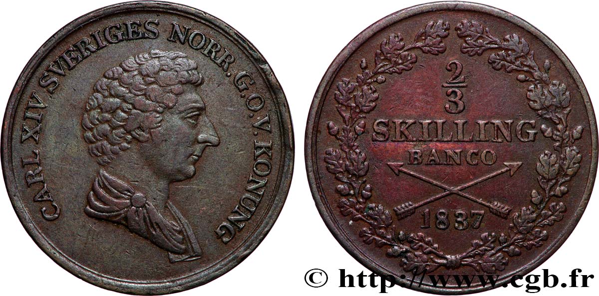 SWEDEN 2/3 Skilling banco Charles XIV 1837 AU