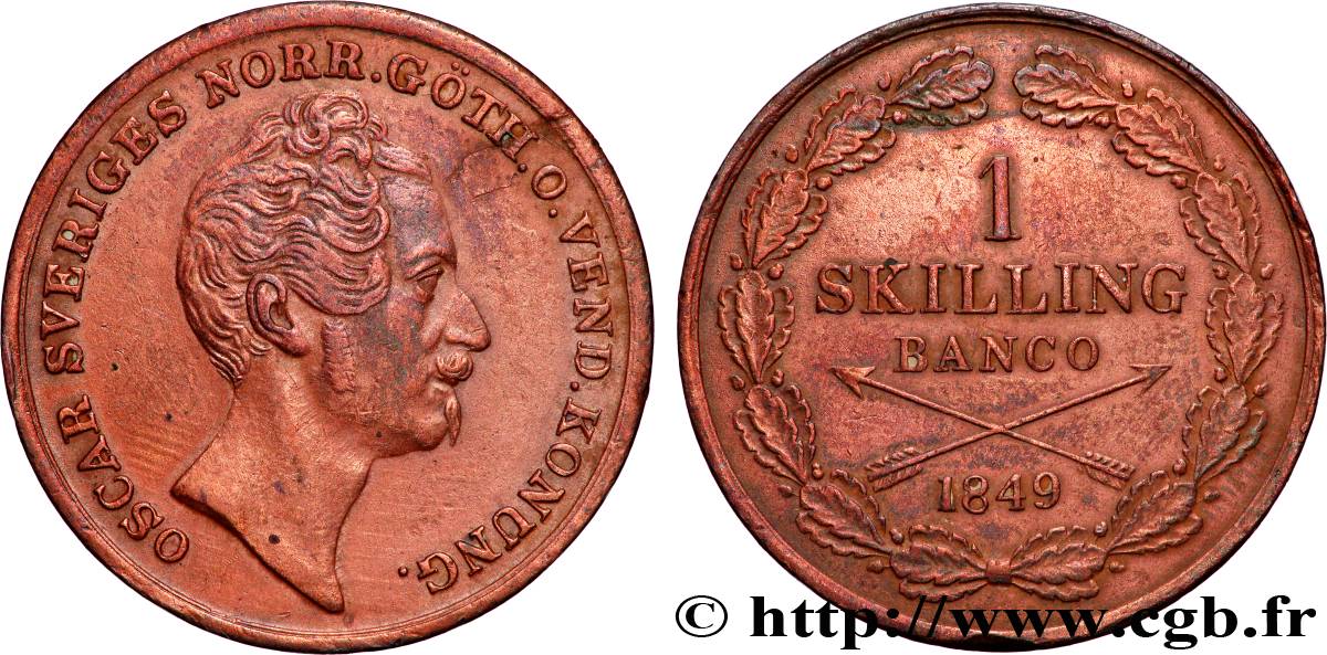 SUÈDE 1 Skilling Oscar Ier 1849 TTB