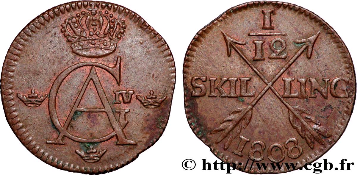SWEDEN 1/12 Skilling Gustave IV Adolphe 1808 AU