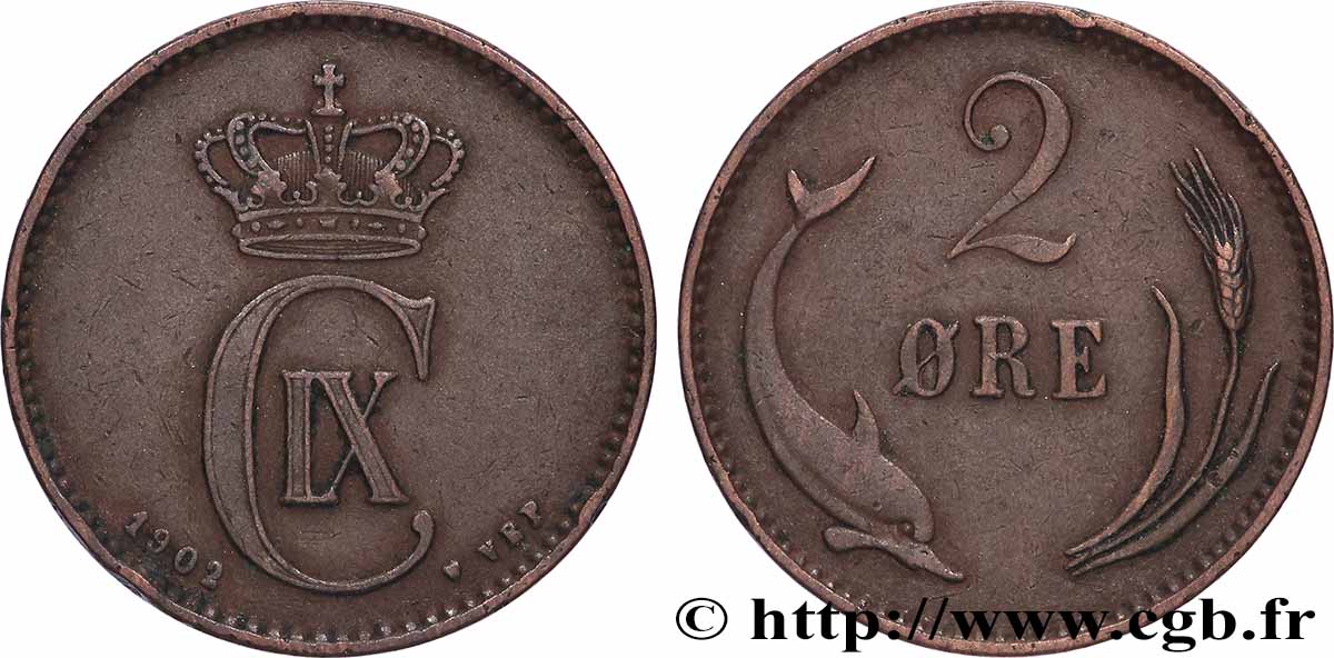 DENMARK 2 Ore Christian IX 1902 Copenhague XF
