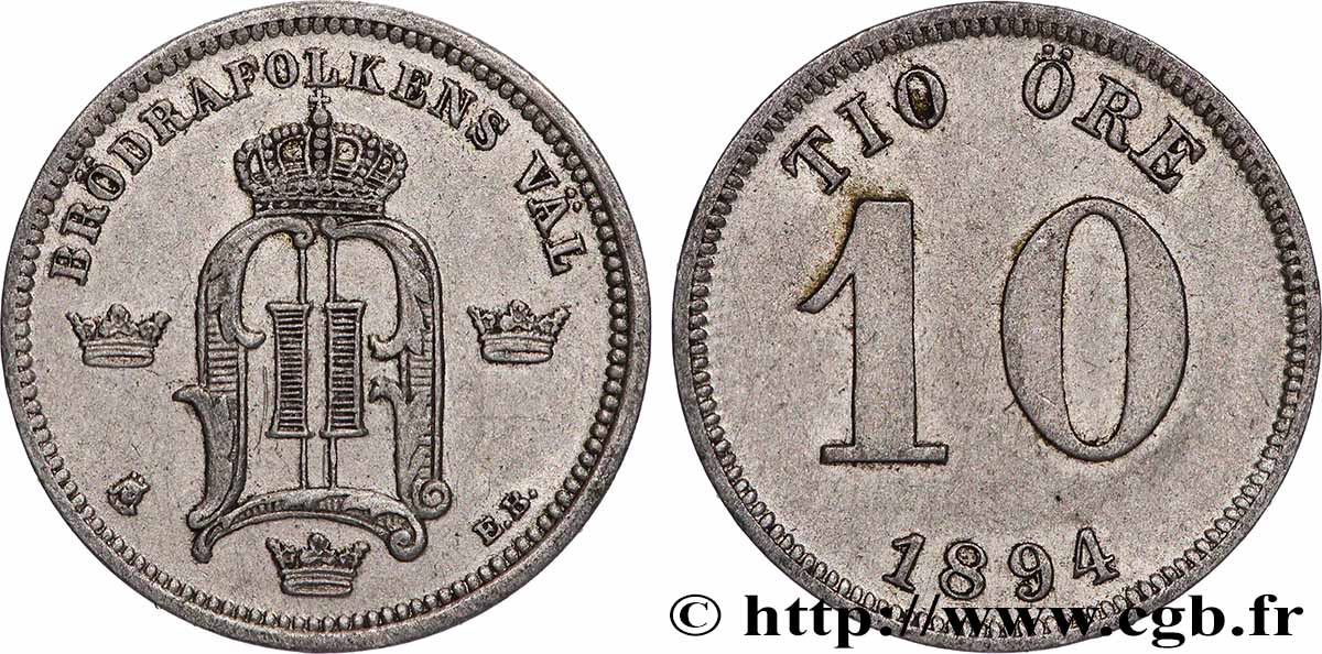 NORVÈGE 10 Ore Oscar II 1894  TTB+