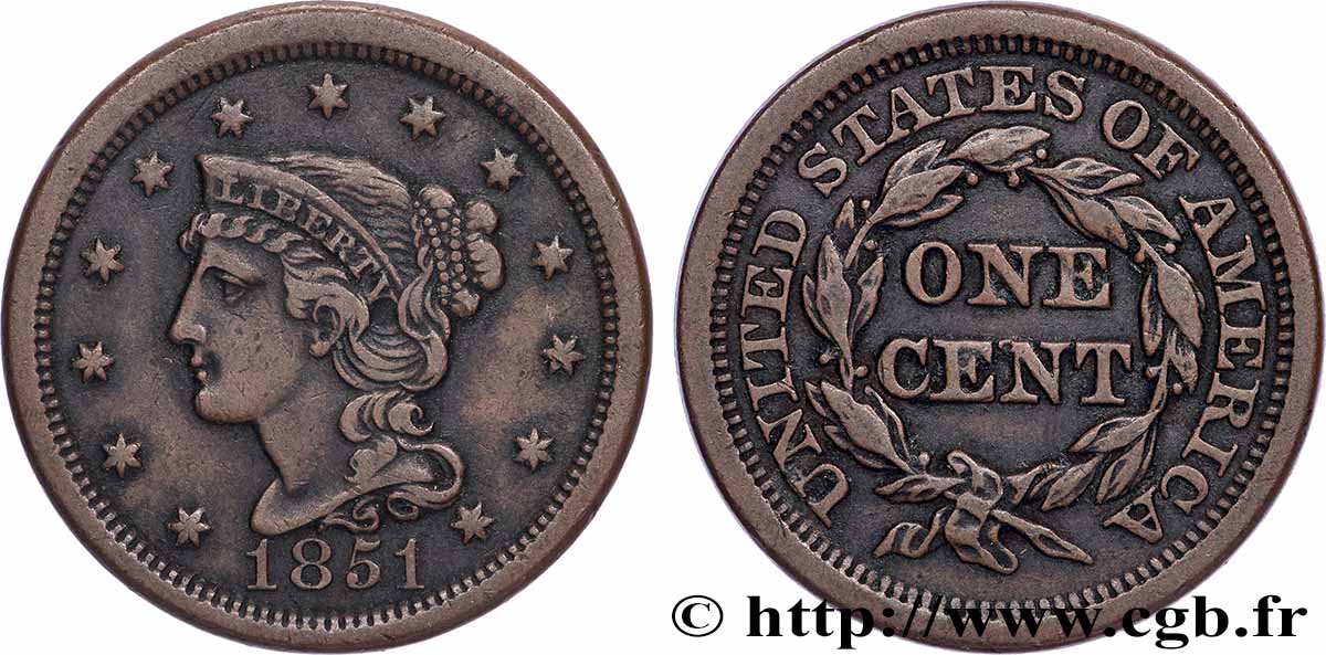 ÉTATS-UNIS D AMÉRIQUE 1 Cent Liberté “Braided Hair” 1851 Philadelphie TTB+