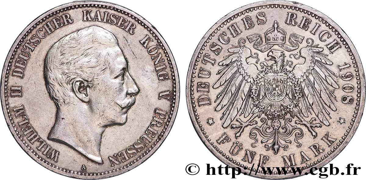 ALLEMAGNE - PRUSSE 5 Mark Guillaume II 1908 Berlin TTB
