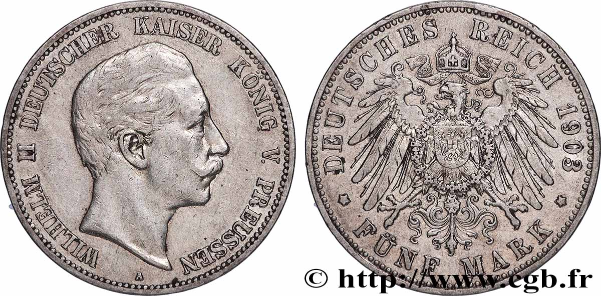 ALLEMAGNE - PRUSSE 5 Mark Guillaume II 1903 Berlin TTB