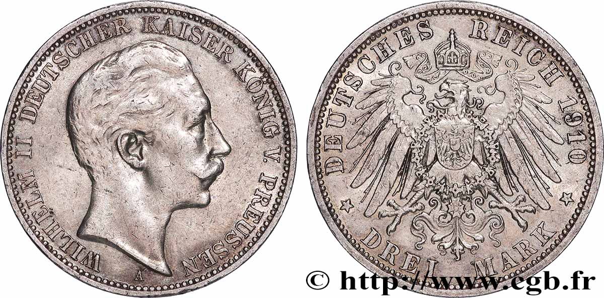 ALLEMAGNE - PRUSSE 3 Mark Guillaume II 1910 Berlin TTB+