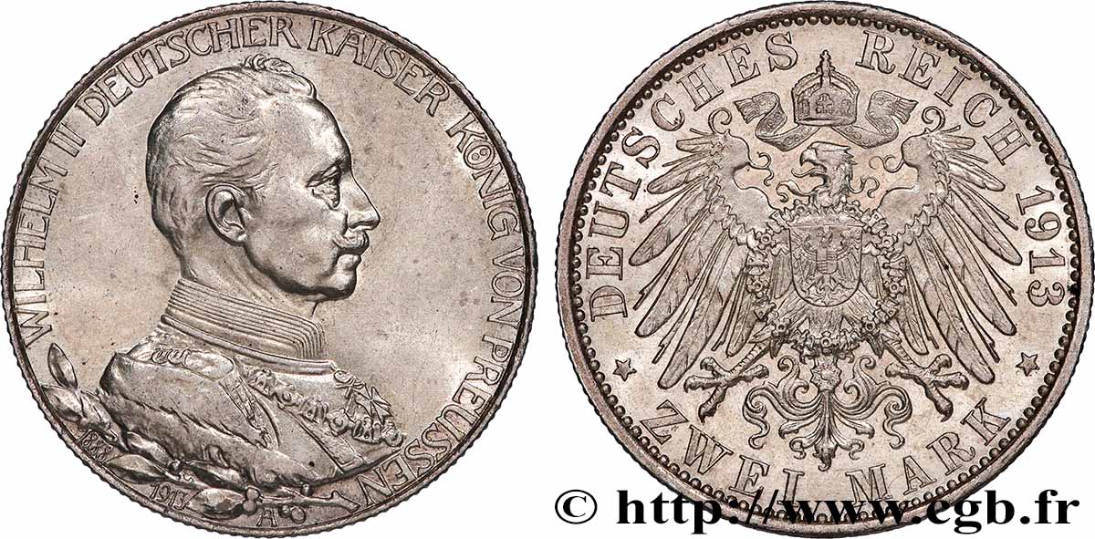 ALLEMAGNE - PRUSSE 2 Mark 25e anniversaire de règne de Guillaume II 1913 Berlin SUP