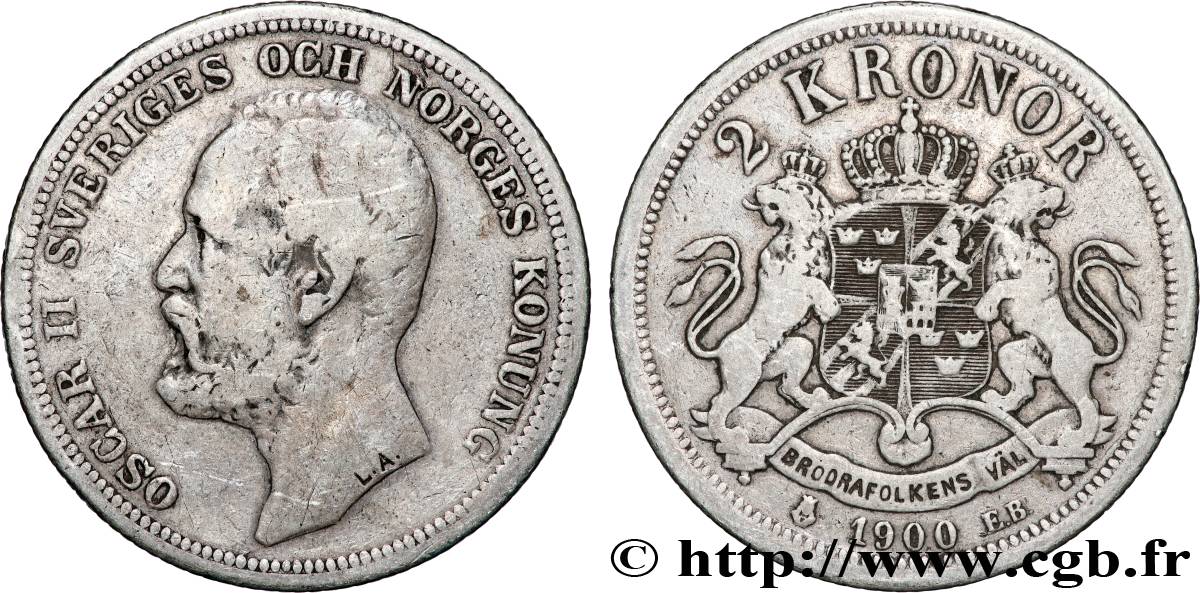 SWEDEN 2 Kronor Oscar II roi de Suède et de Norvège 1900 VF