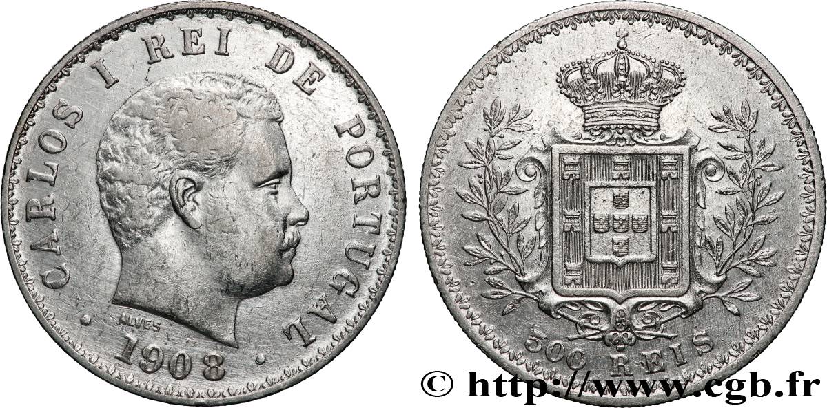 PORTUGAL - ROYAUME DU PORTUGAL - CHARLES Ier 500 Reis 1908 TTB