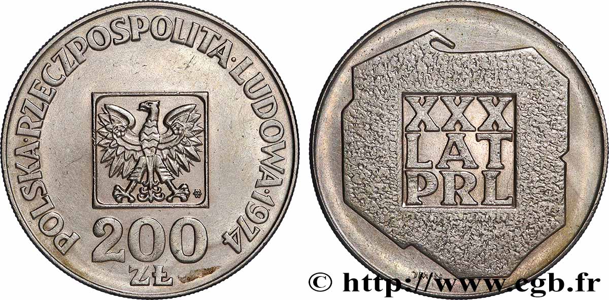 POLOGNE 200 Zlotych aigle 30e anniversaire de la fondation de la république populaire 1974 Varsovie SUP