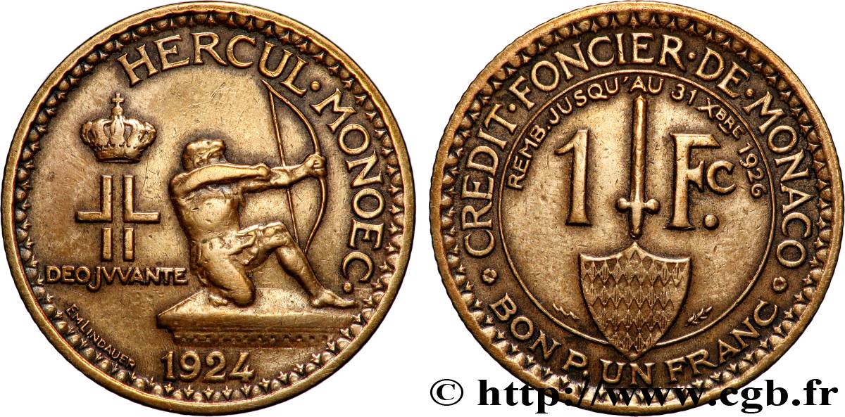 MONACO 1 Franc émission du Crédit Foncier de Monaco 1924 Poissy XF