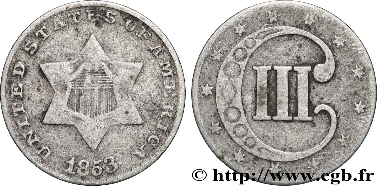 VEREINIGTE STAATEN VON AMERIKA 3 Cents 1853 Philadelphie fSS