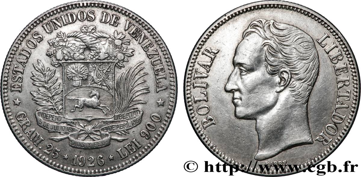 VENEZUELA 5 Bolivares Simon Bolivar 1926 Philadelphie TTB+