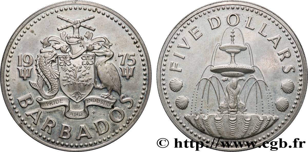 BARBADOS 5 Dollars Proof Fontaine de Bridgetown 1975 Franklin Mint AU