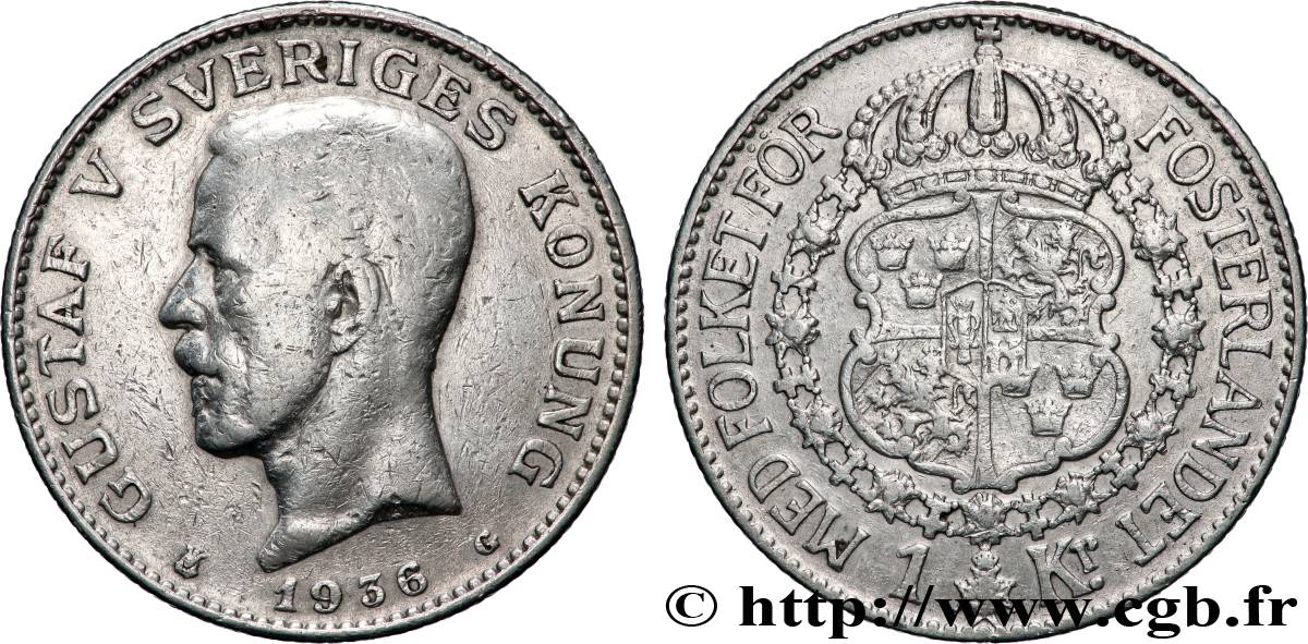 SUÈDE 1 Krona Gustave V 1936 Kungsholmen TB+