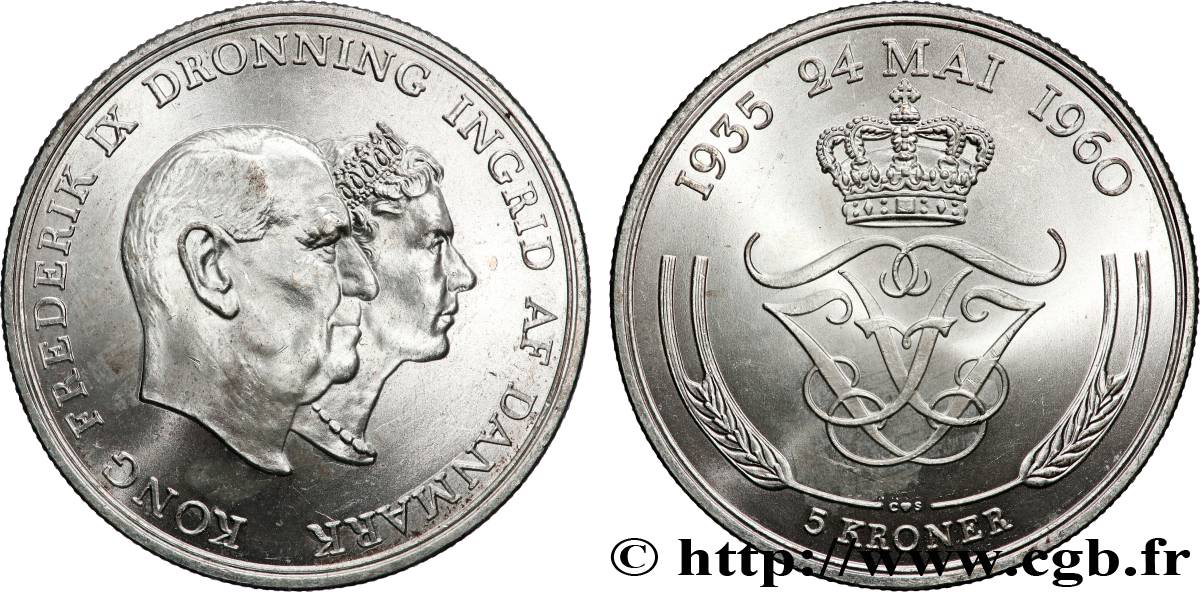 DENMARK 5 Kroner Noces d’argent 1960 Copenhague MS