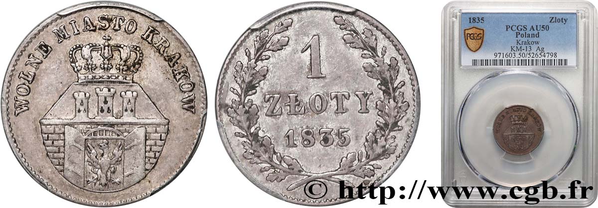 POLOGNE - CRACOVIE 1 Zloty Ville libre de Cracovie 1835 TTB50 PCGS