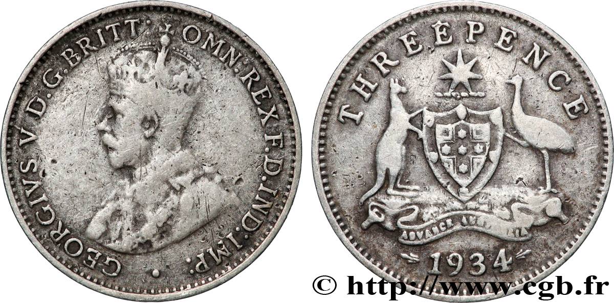 AUSTRALIE 3 Pence Georges V 1934  TB+