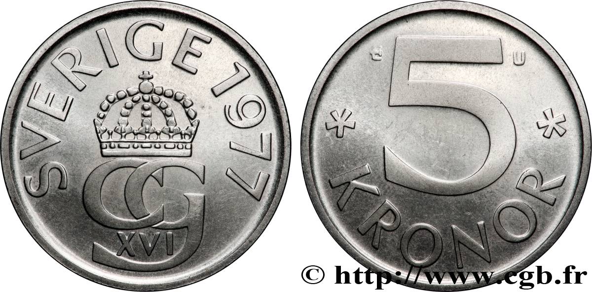 SUÈDE 5 Kronor Charles Gustave XVI 1977 Stockholm SUP