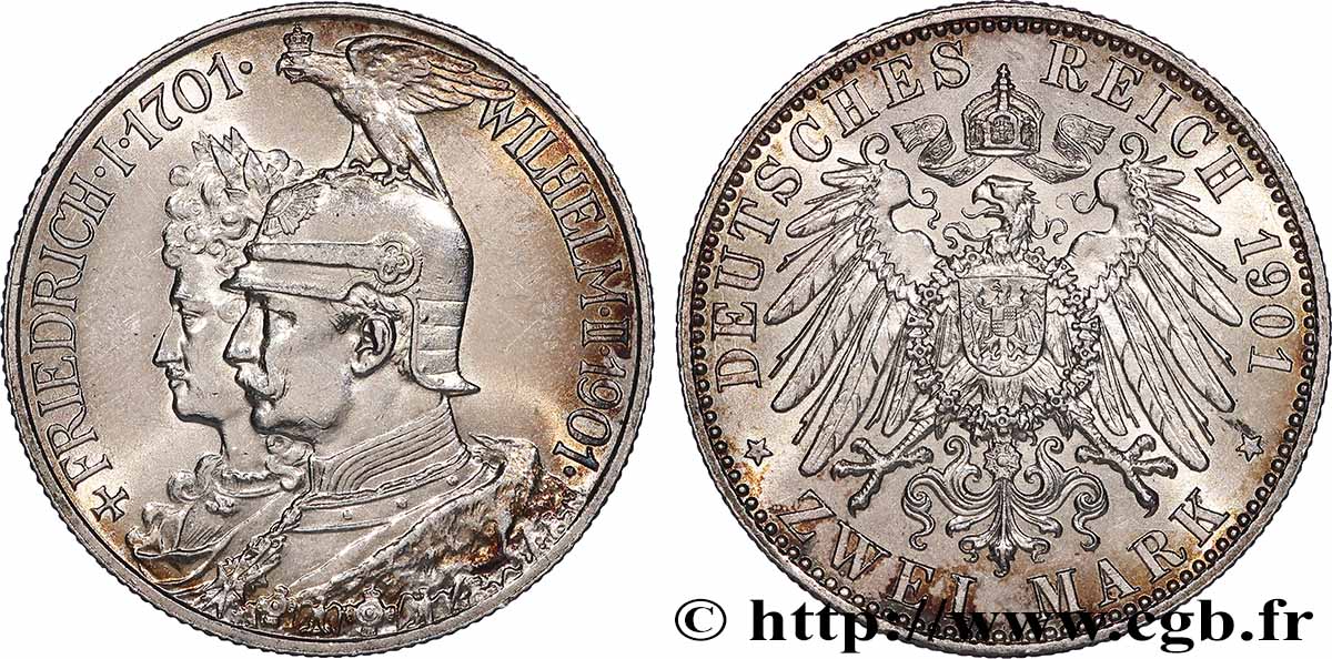 ALLEMAGNE - PRUSSE 2 Mark Guillaume II 200e anniversaire de la Prusse 1901 Berlin SUP