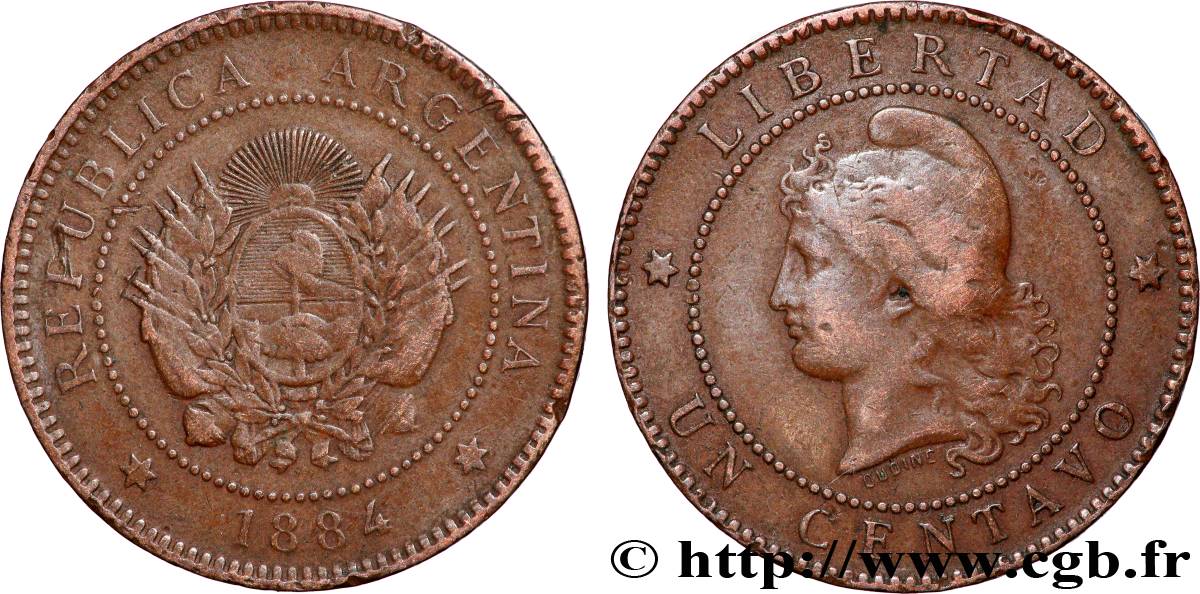 ARGENTINE 1 Centavo emblème / “Liberté” 1884 TB+