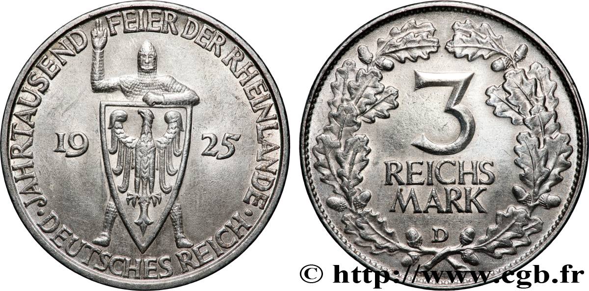 GERMANY 3 Reichsmark millénaire de la Rhénanie 1925 Munich AU